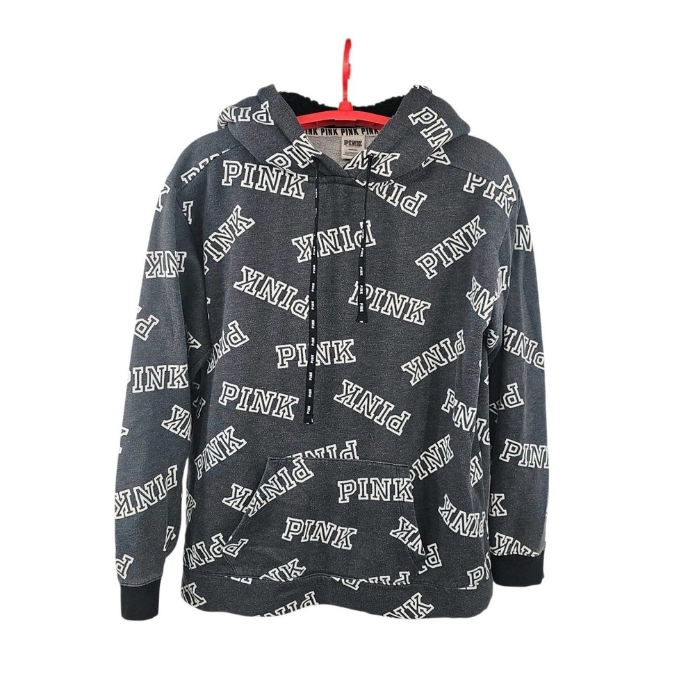 Victoria's Secret PINK Sherpa Lined Medium Hoodie Campus Pullover Gray Logo